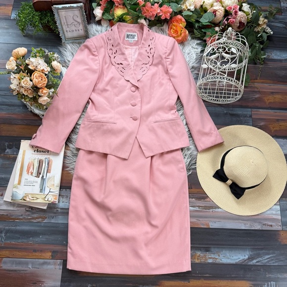 Morgan Miller Dresses & Skirts - Vintage Morgan Miller Laser Cut Lapel Elegant Pink Skirt Set